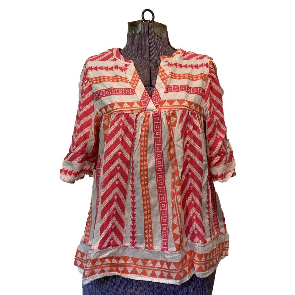 Colorful Pink and Orange Woven Peasant Blouse